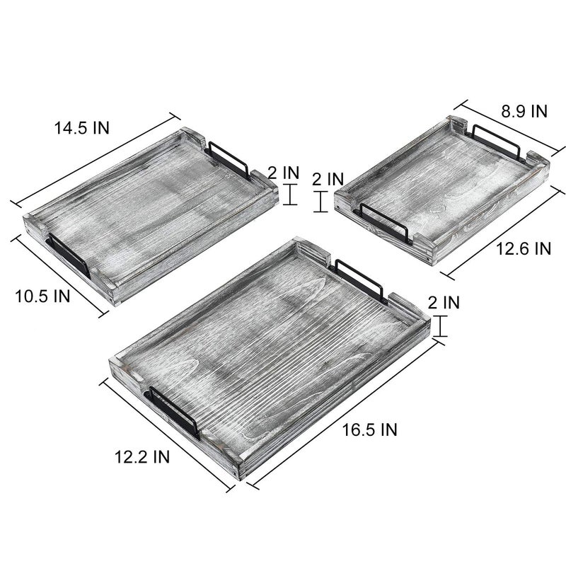 VERGOODR Country Rustic Torched Wood Nesting Breakfast Serving Trays with Handles, Set of 3 (White Grayish) - Image 2